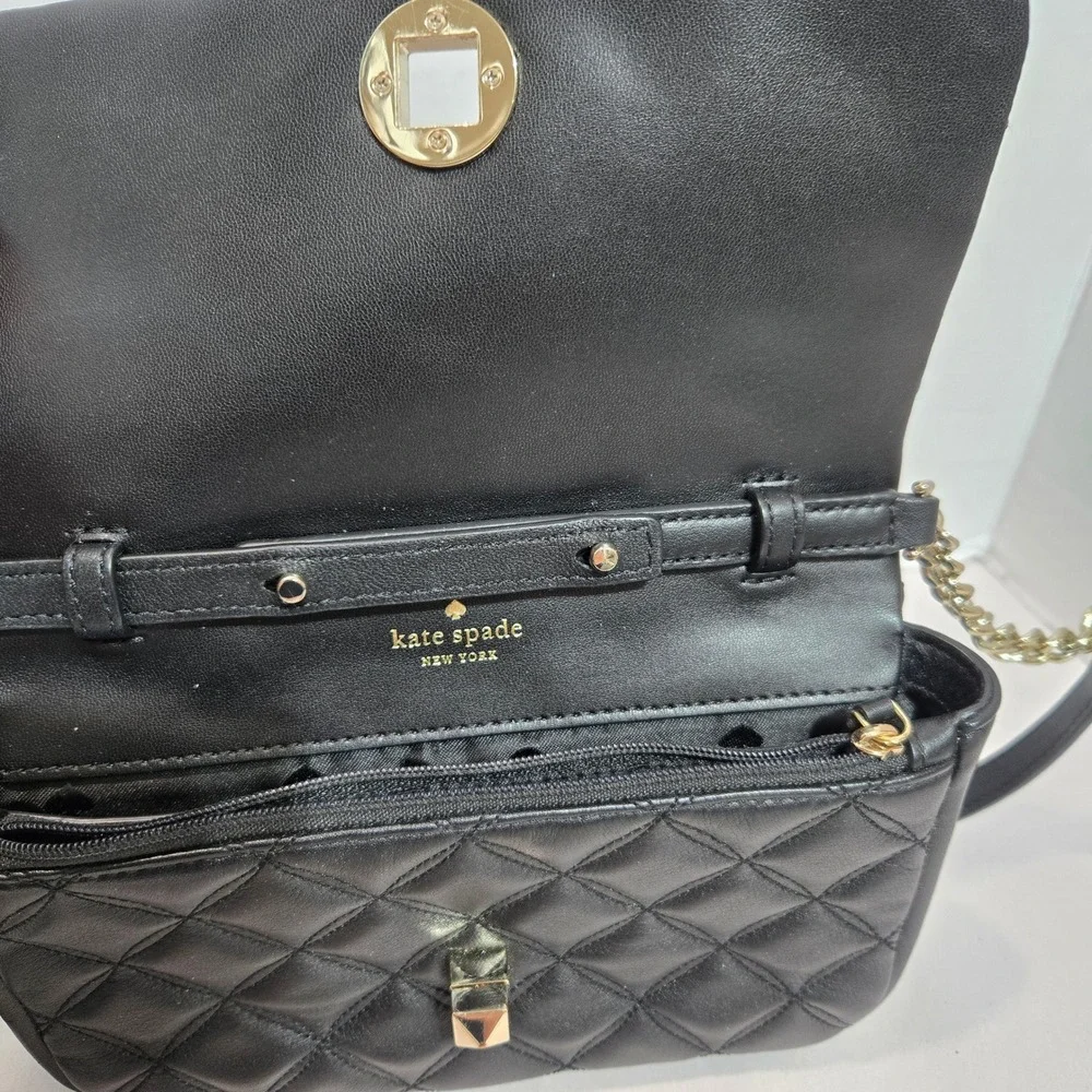 Kate Spade Natalia Crossbody Bag Small Black Quilted Leather Gold Turn-Lock 1418